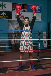 Amir Khan wearing the Orla Kiely Sport Relief 2016 apron available from HomeSense and TK Maxx stores
