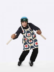 Graham Bell former Olympic skier and TV presenter, wearing the Orla Kiely Sport Relief 2016 apron available from HomeSense and TK Maxx stores