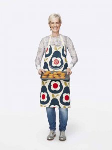 Judy Murray wearing the Orla Kiely Sport Relief 2016 apron available from HomeSense and TK Maxx stores